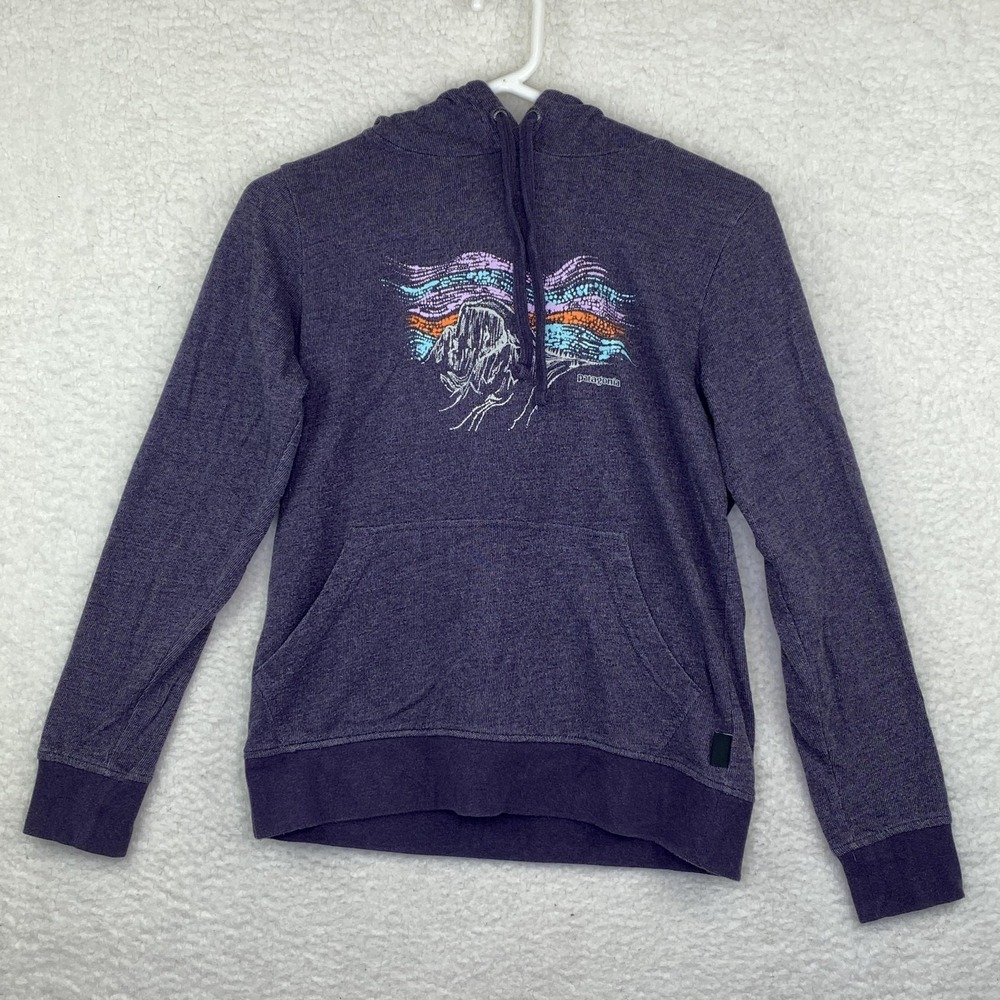 Patagonia Hoodie Womens XS Purple Pullover Hooded Pockets Graphic Lightweight